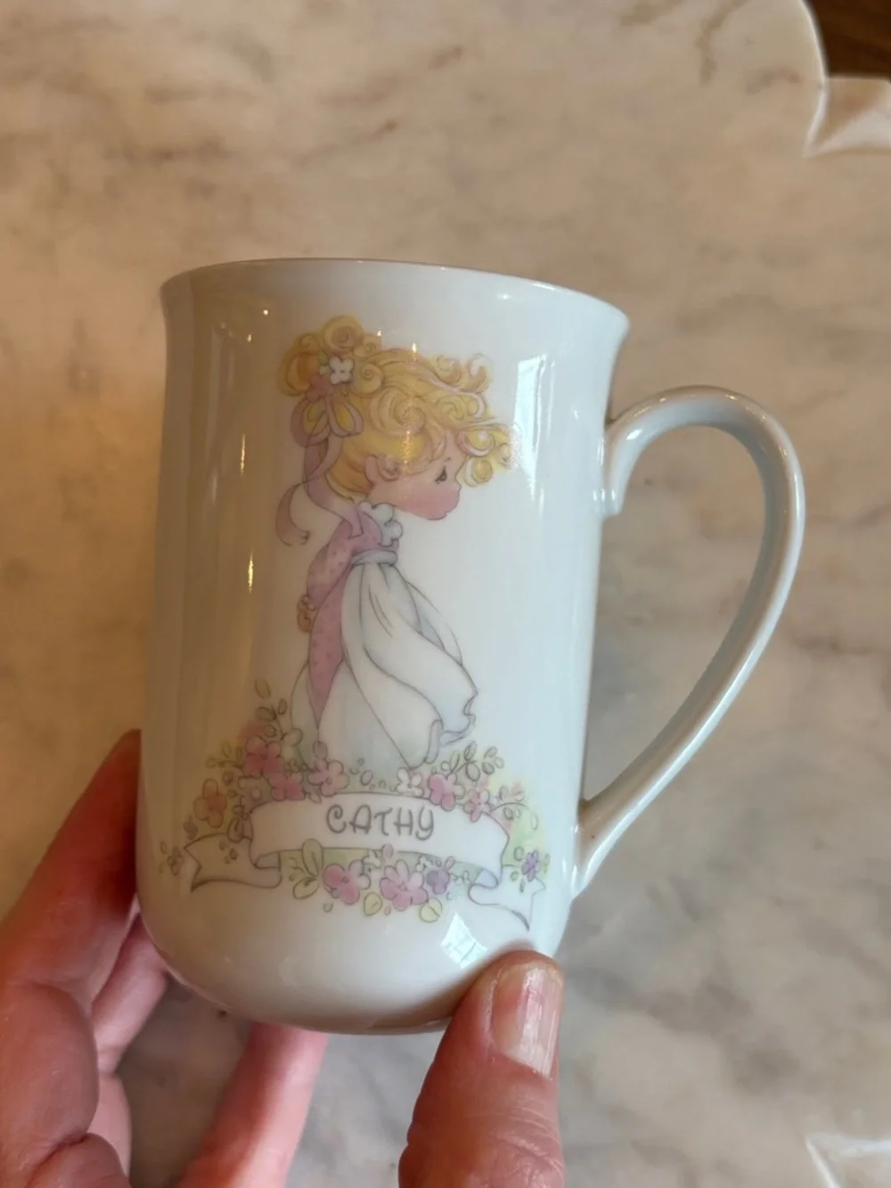 Vintage Precious Moments Personalized White Ceramic 'Cathy' Floral‎ Portrait Mug